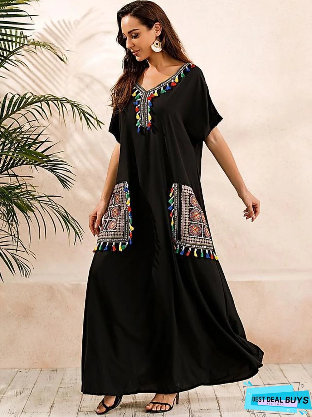 Women's Kaftan Dress Maxi Long Dress Short Sleeve Print Summer Plus Size Hot Casual Boho Vacation Dresses Black Dresses