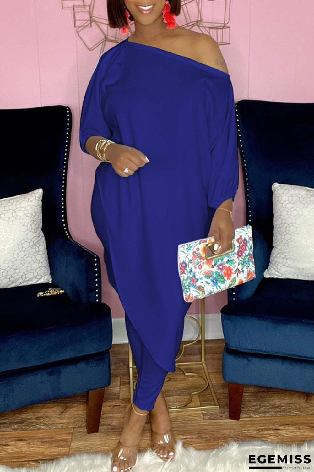 Blue Casual Print Patchwork One Shoulder Three Quarter Two Pieces | EGEMISS