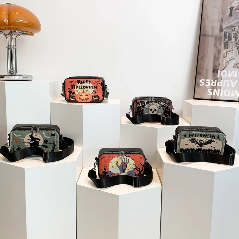 Halloween Women's Pu Leather Pumpkin Letter Ghost Streetwear Square Zipper Shoulder Bag Crossbody Bag