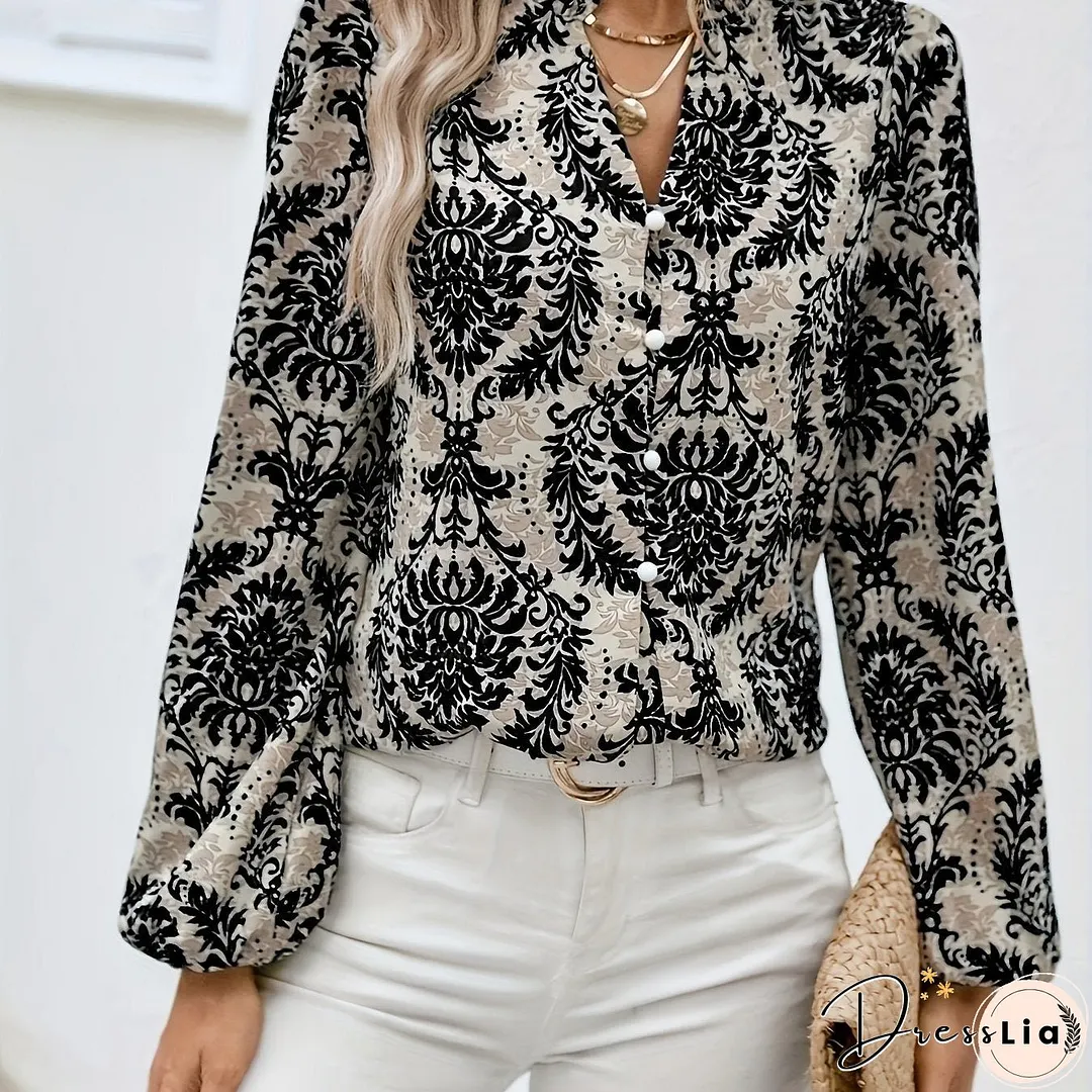 Ethnic Floral Print Blouse, Boho V Neck Long Sleeve Blouse, Women's Clothing