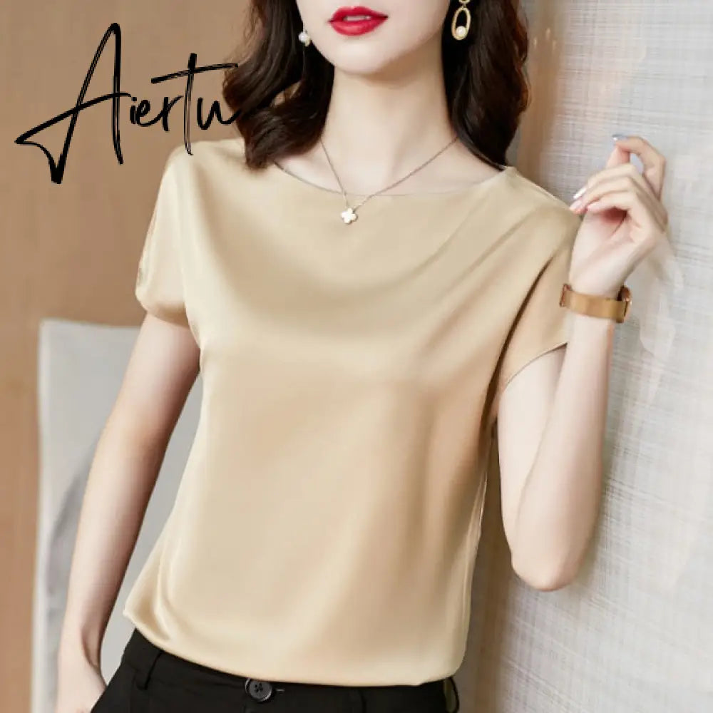 Office Lady Tops Summer Short Sleeve Blouses Satin Blouse Women Shirts Fashion Simple Solid Plus Size Loose Shirt Blusas Aiertu