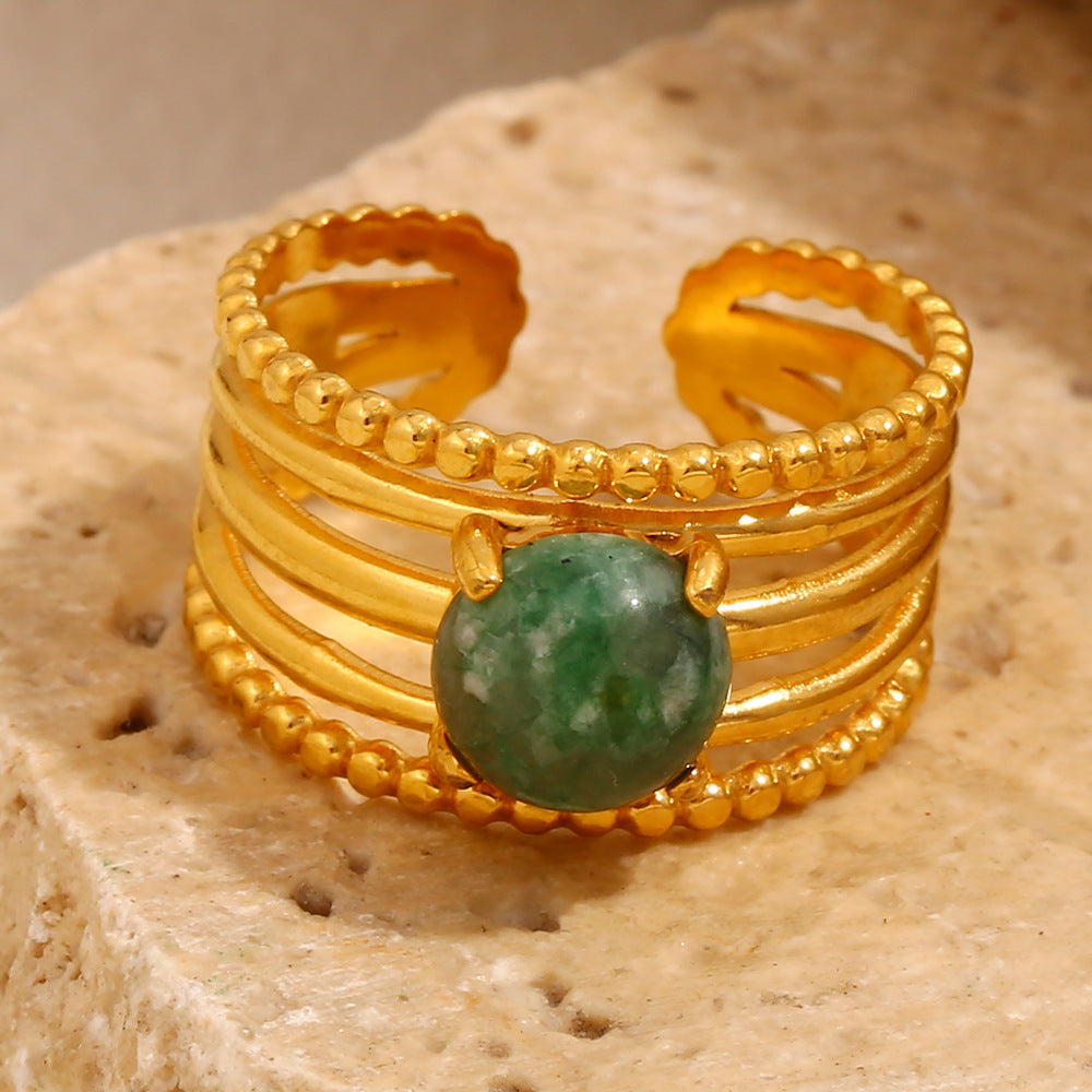 Ins Fashion French Retro Personality Hand Jewelry Stainless Steel Plated 18K Gold Jade Stone Open Ring Female