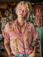 Retro Japanese Floral And Bird Art Pink Linen Shawl Collar Cardigan Short Sleeve Top