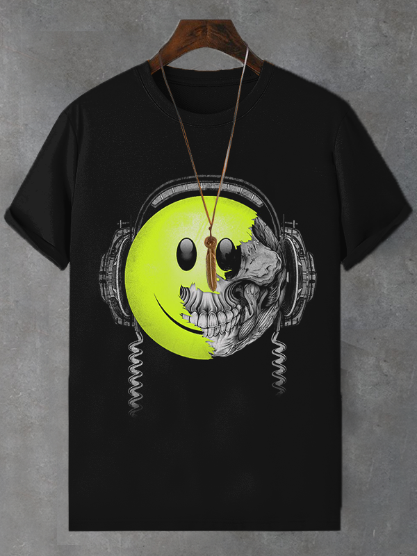 Men's Headphones Music Lover Skull Happy Face Print Casual T-Shirt