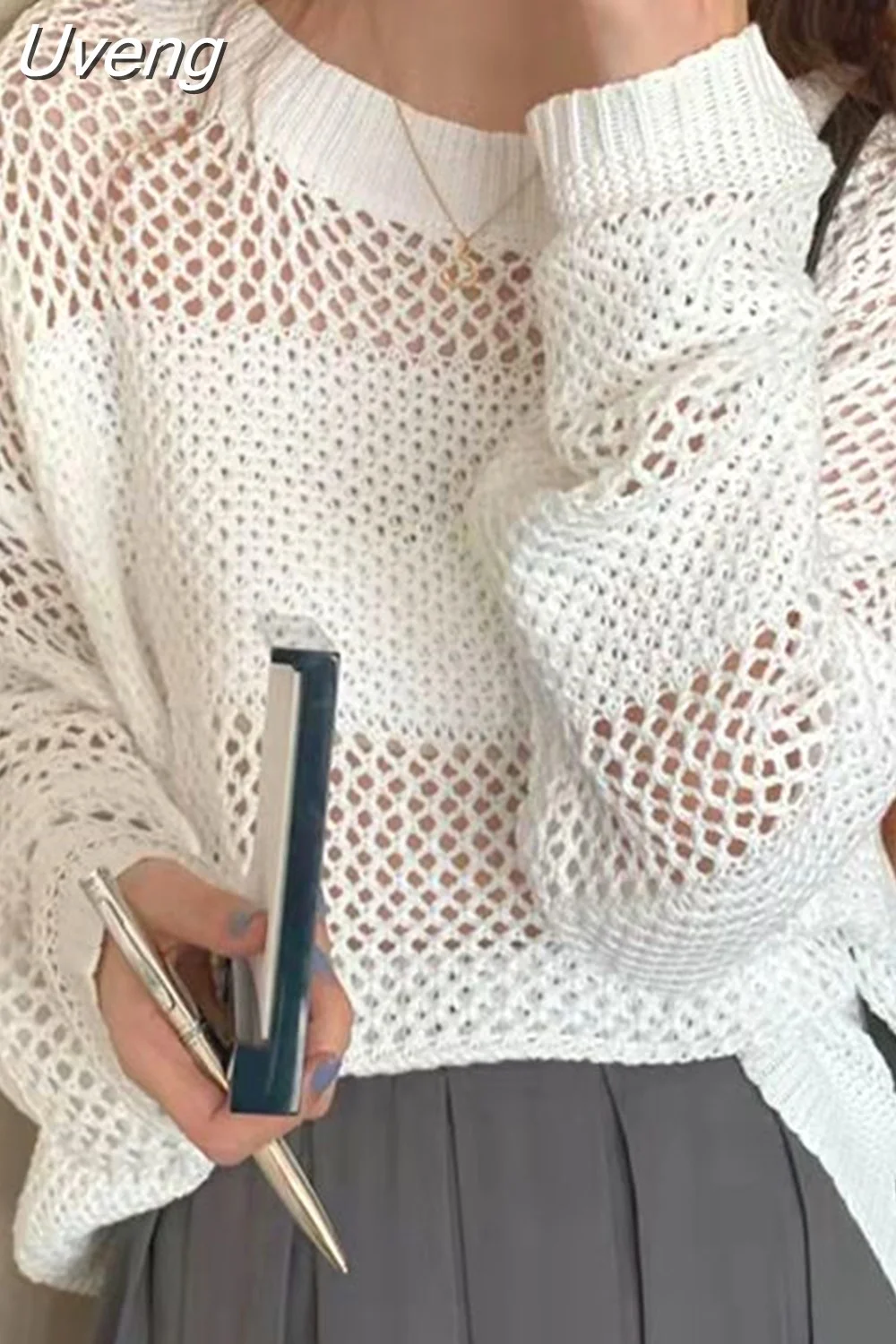 Uveng Harajuku Hollow Out Knit Pullovers Crewneck Autumn Vintage Fairycore Grunge Top Fashion Retro Smock Sweater