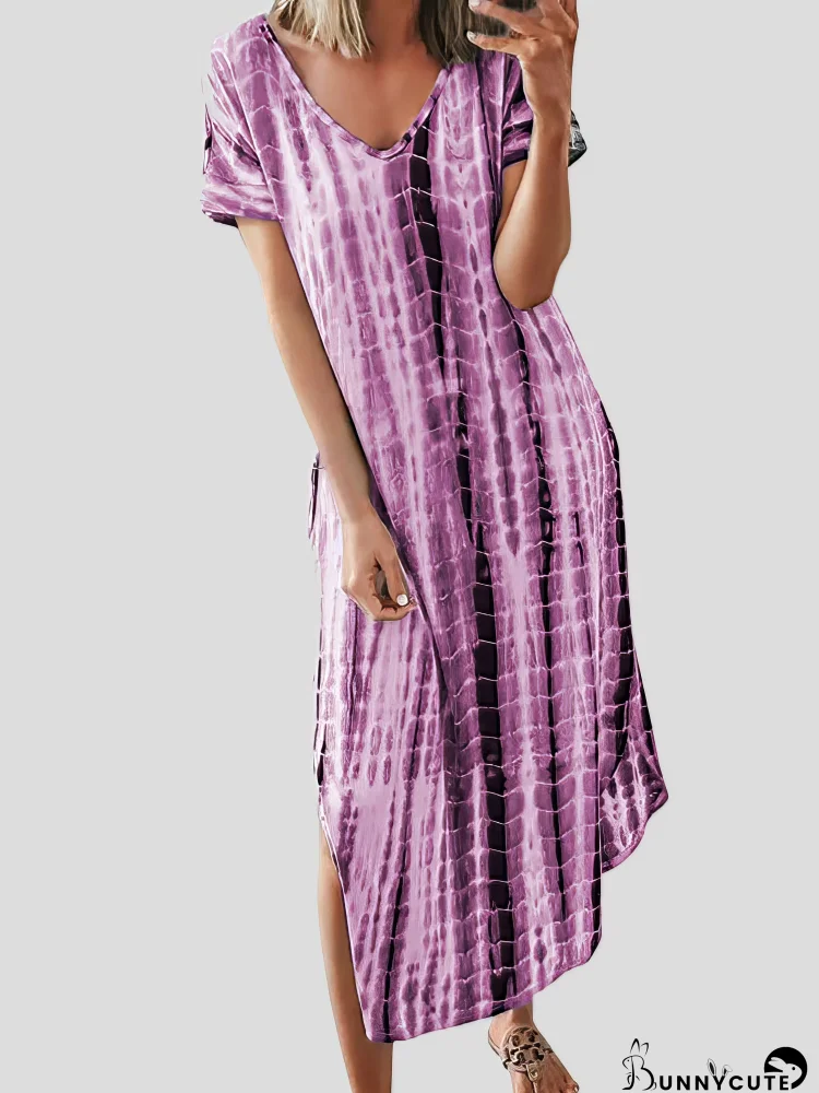 Loose Tie-Dye Printed V-Neck Split Dress