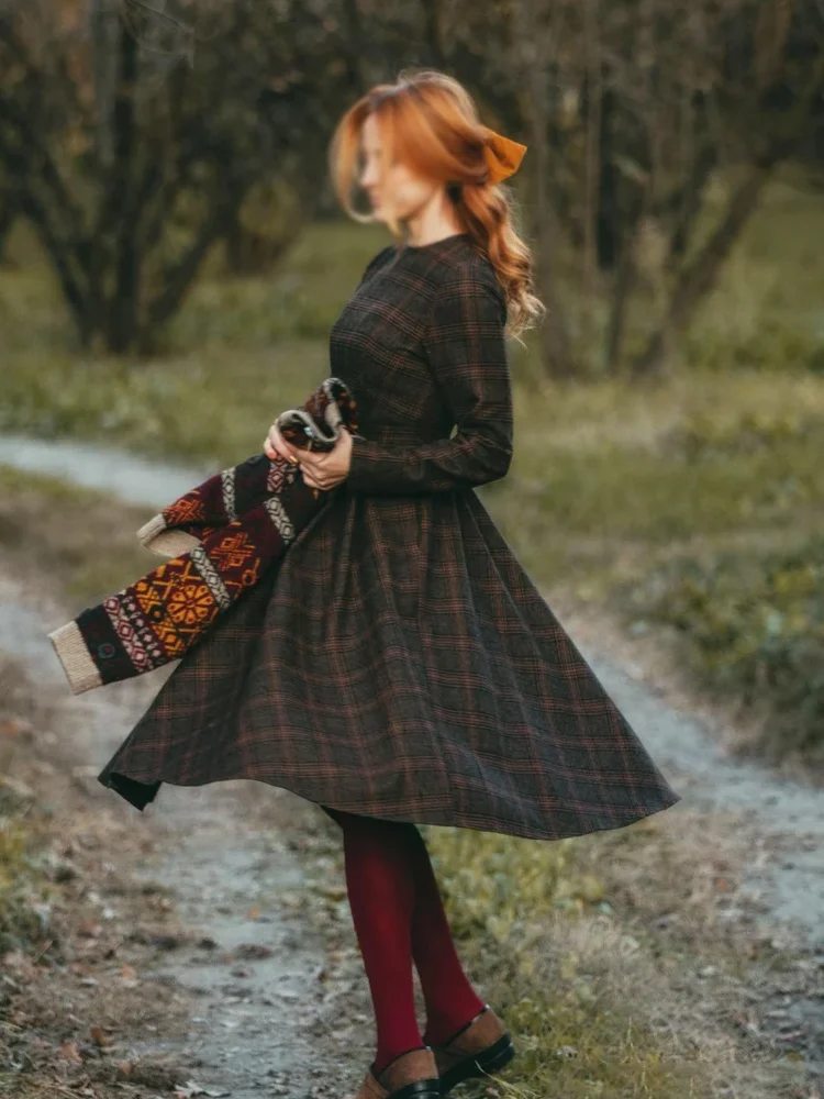 Autumn And Winter Vintage Plaid Women's Long Sleeve Dress