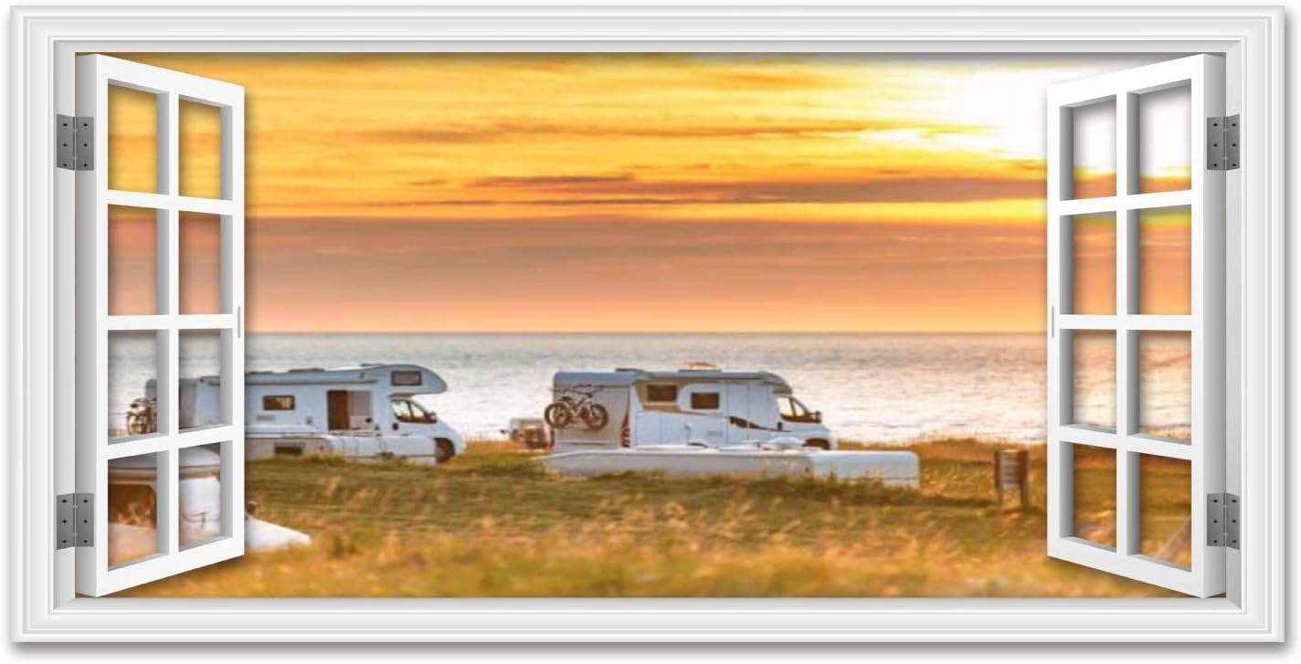 Fake Window Wall Art Decor Recreational vehicle at sunset in Norway Europe Meadow and coast with Framed Canvas Print Pictures Paintings Poster for Bedroom Living Room Large Size Decorations Office Color1