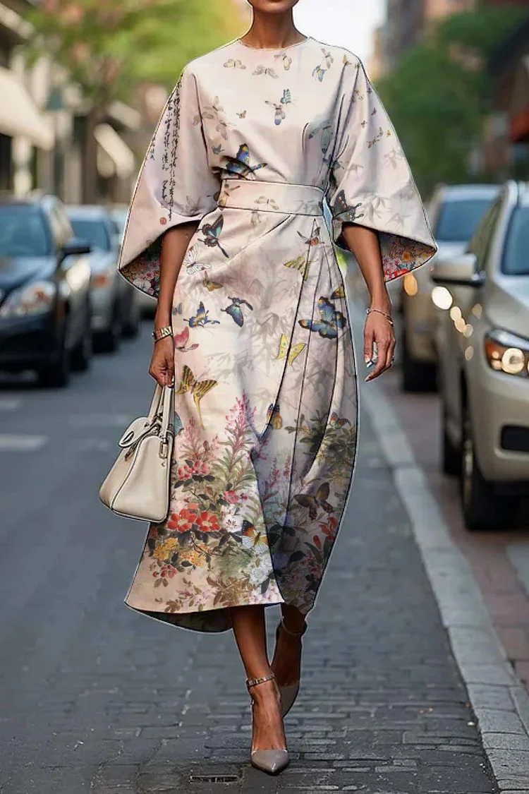 Women's Elegant Classic Butterfly Floral Art Print Midi Dress
