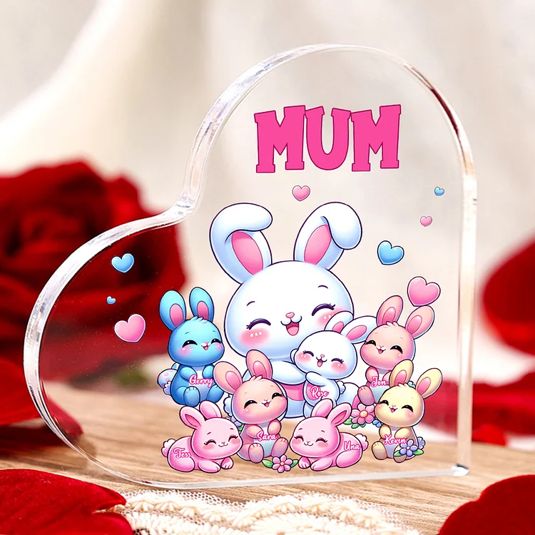 7 Names-Personalized Mum Rabbit Acrylic Heart Keepsake Custom Text Acrylic Plaque Ornaments Gifts Set With Gift Box for Nan/Mother for Easter