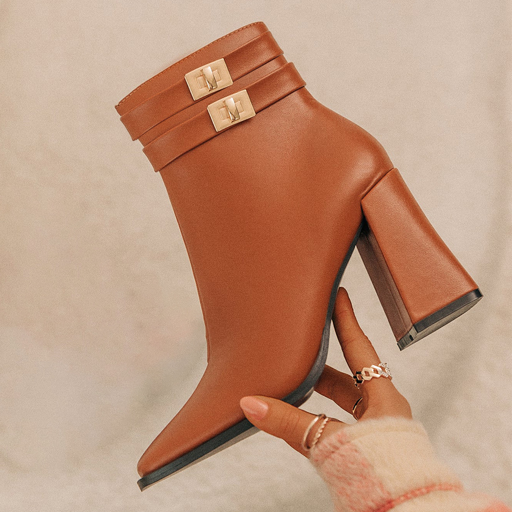 Brown Square Toe Double Lock Strap Chunky Heel Fall Booties Nicepairs