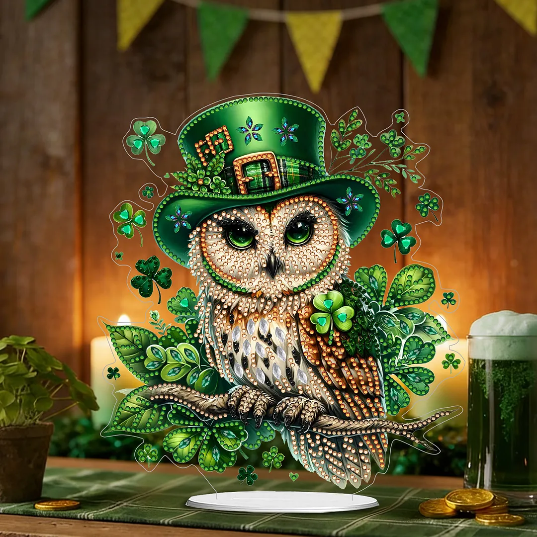 2D Flat DIY St Patricks Day Owl Diamond Painting Tabletop Ornaments Kit Special Shape Crystal Art Craft Decoration Single Side Drill for Living Room Home Office