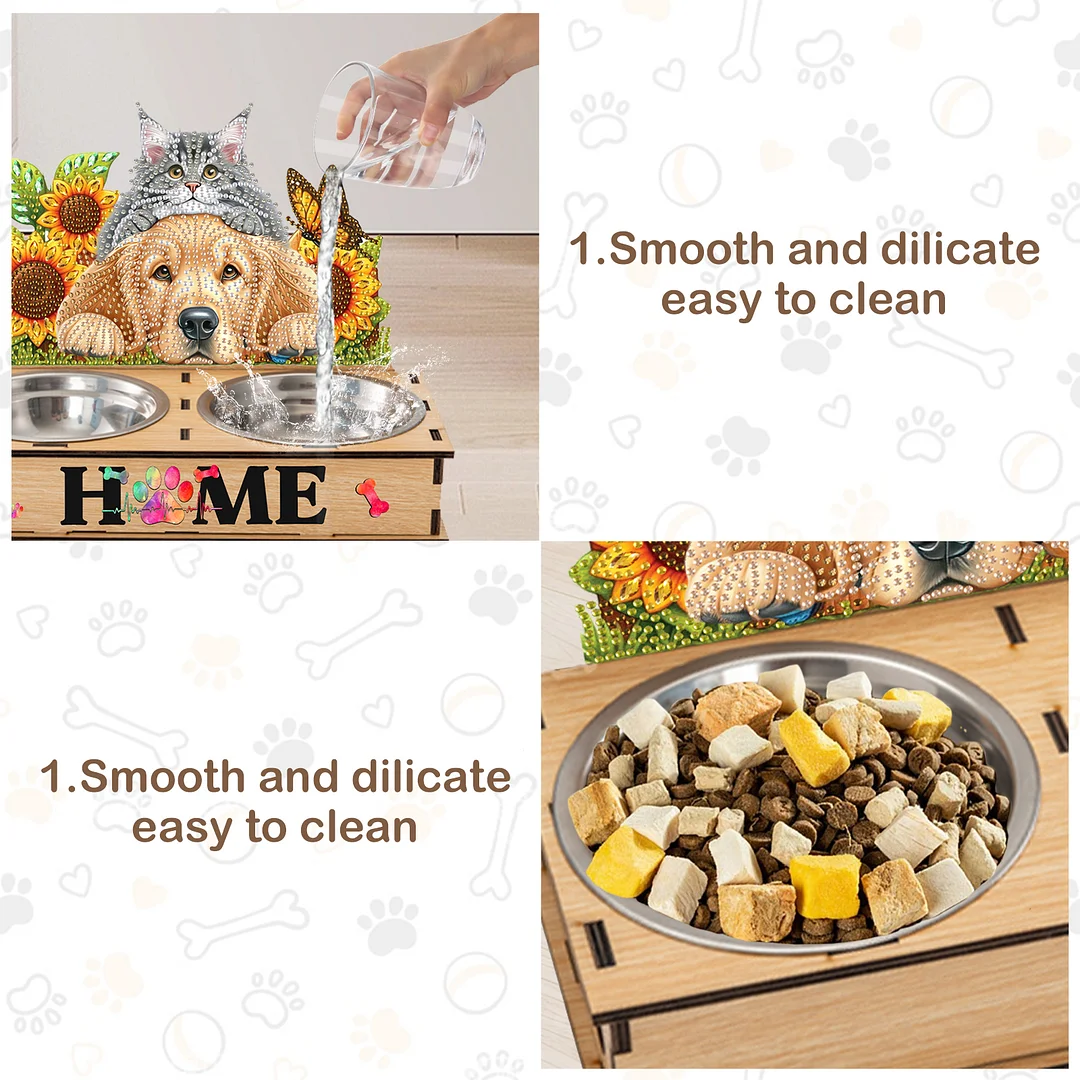 Diamond Painting Food Bowl with Wood Stand Diamond Art Dog Bowl for Small Dogs