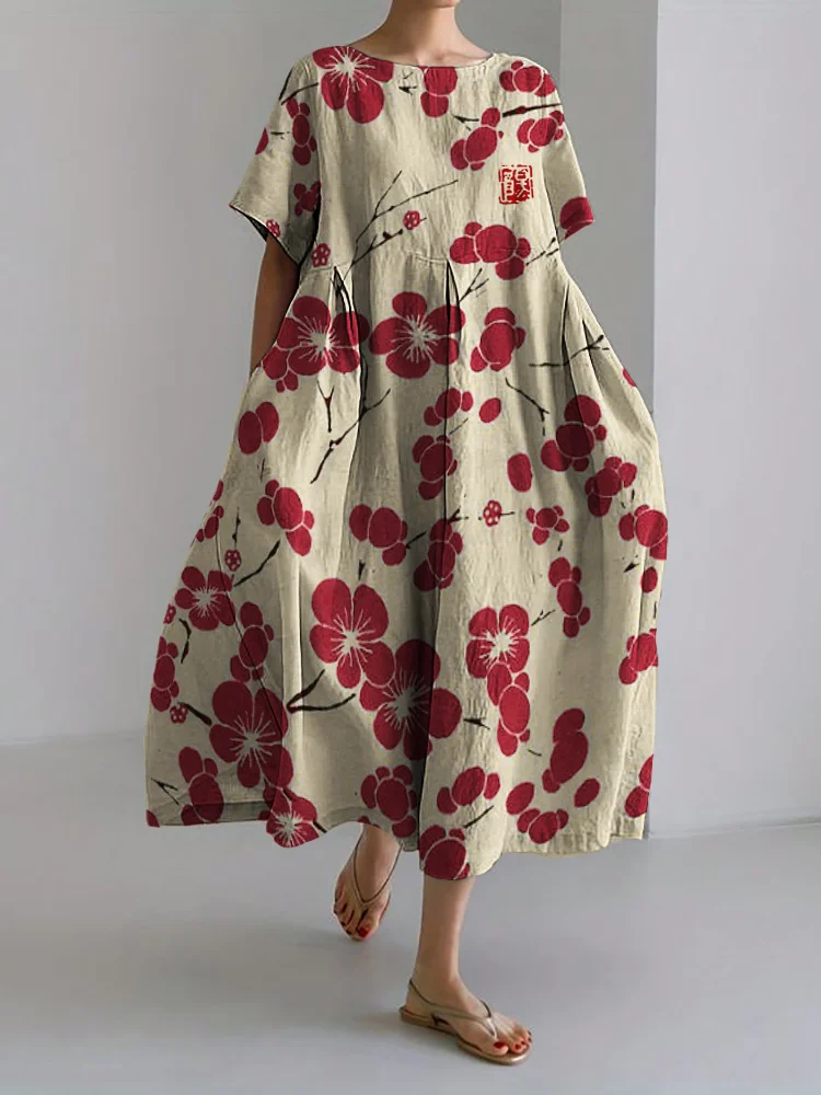 Cherry Blossom Japanese Lino Art Linen Blend Maxi Dress