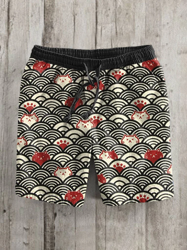 Japanese Waves And Cats Pattern Linen Blend Casual Shorts