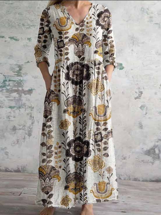 Women's 3/4 Sleeve V-neck Floral Printed Midi Dress