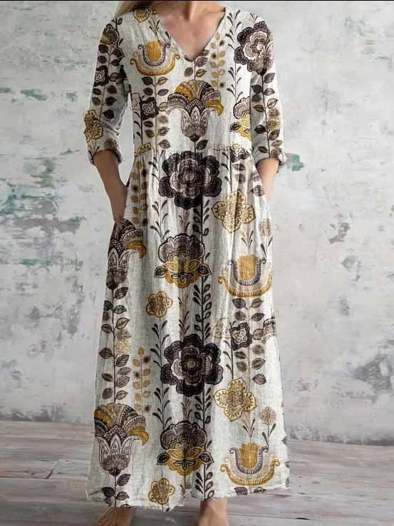 Women's 3/4 Sleeve V-neck Floral Printed Midi Dress