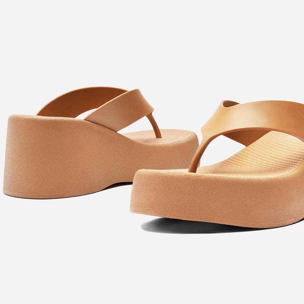 Light Orange Open Toe Flip Flop Platform Wedge Sandals for Women