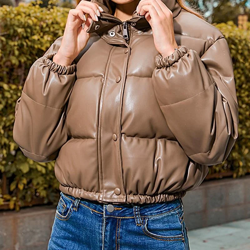 Winter Parkas Women Coat Short Down Jackets For Women Female PU Leather Bomber Jacket Elegant Doudoune Femme Veste Manteau 2021 1205
