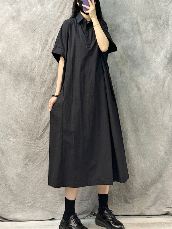 Polo Neck Short Sleeve Loose Cotton Linen Midi Dress