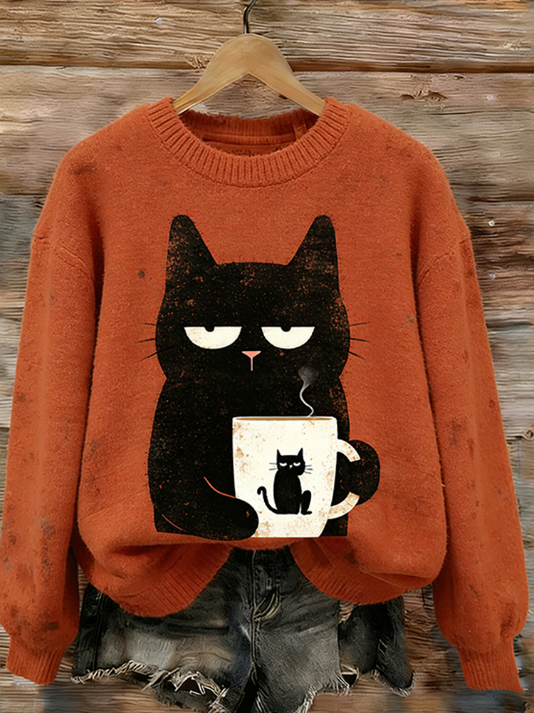 Cat Drinking Tea In A Warm Orange Sweater wearshes
