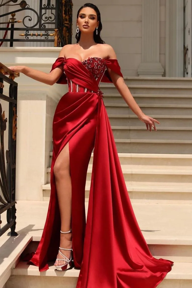 Bellasprom Red Off-the-Shoulder Slit Prom Dress Long With Ruffle Beads