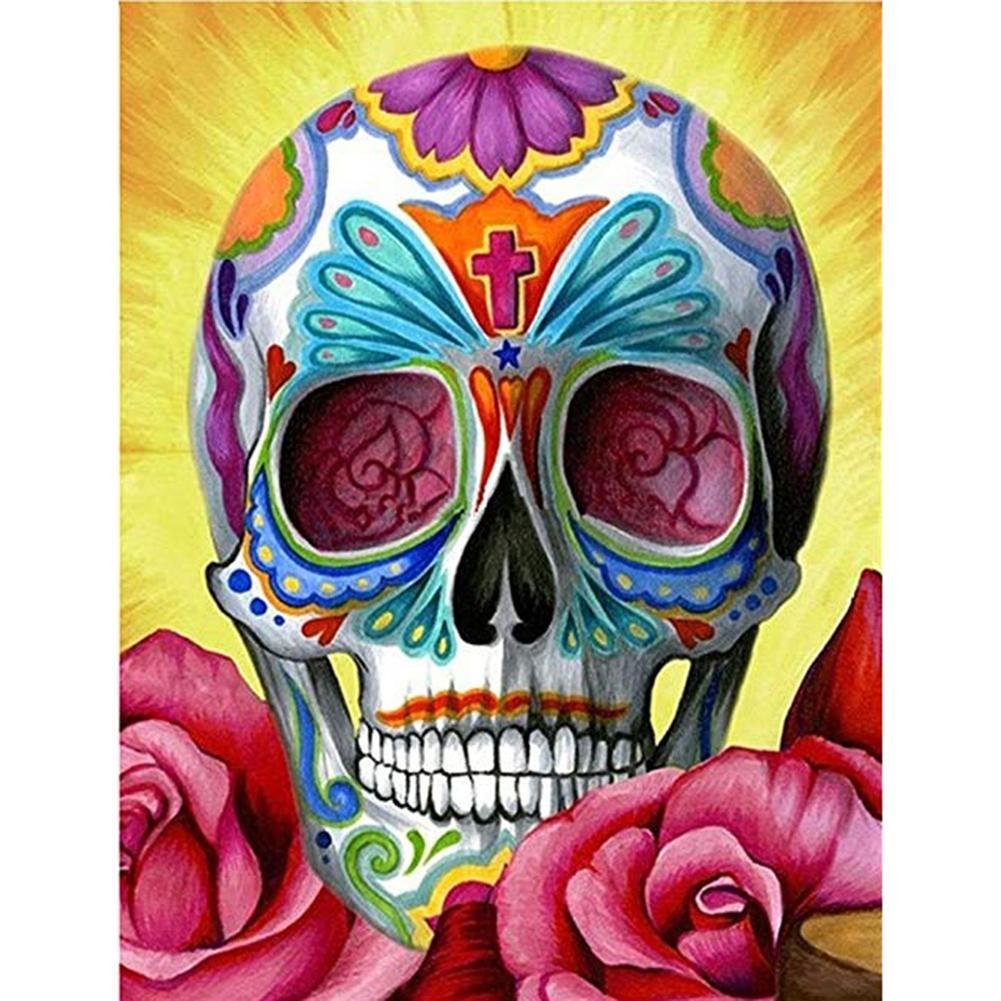 Novelty Colorful Skull Head - Partial Round Diamond Painting