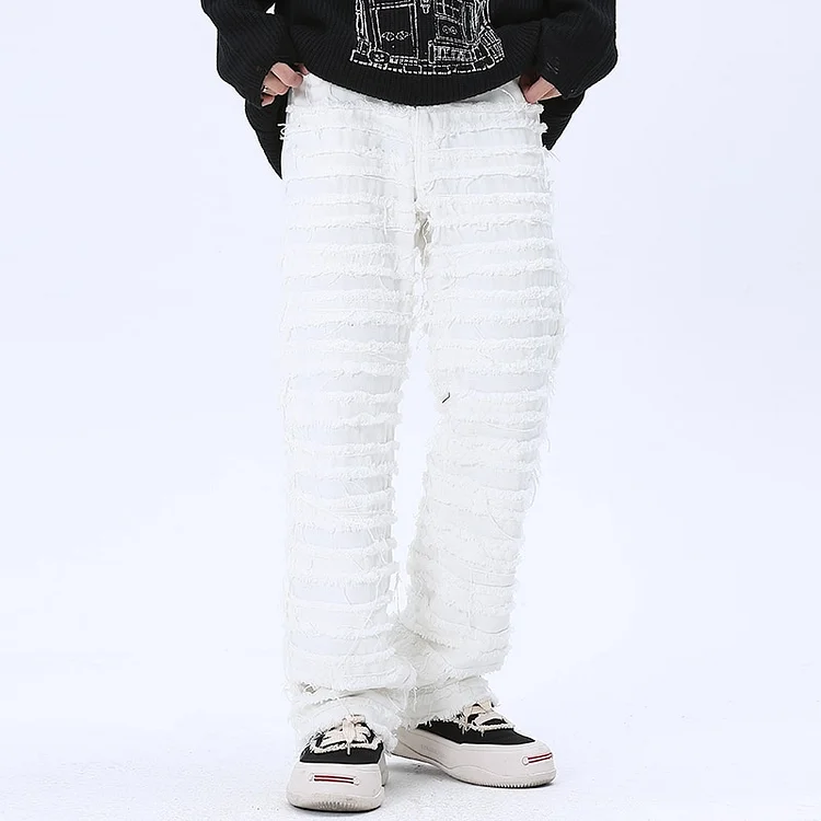 High Street Ripped Hip Hop Baggy Oversized Striped Tassel Men's Straight Jeans at Hiphopee