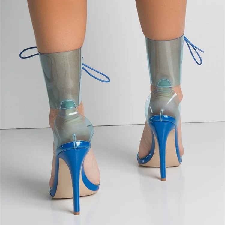 Blue Clear Lace Up Open Toe Stiletto Heel Sandals for Women Vdcoo