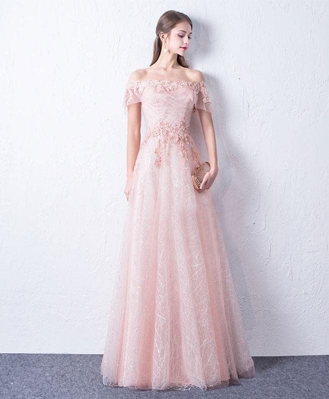 Pink Lace Off Shoulder Long Prom Dress, Pink Evening Dress