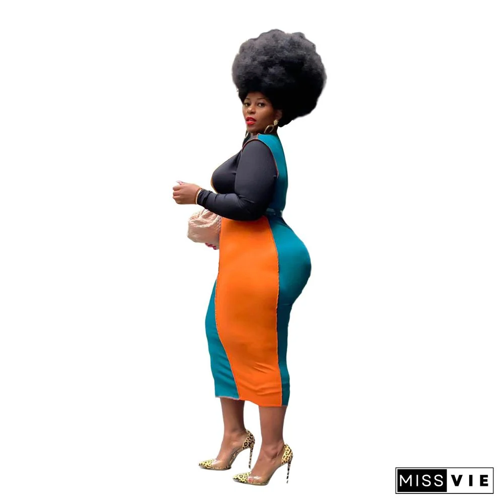 Plus Size Color Block O-Neck Bodycon Pencil Dress