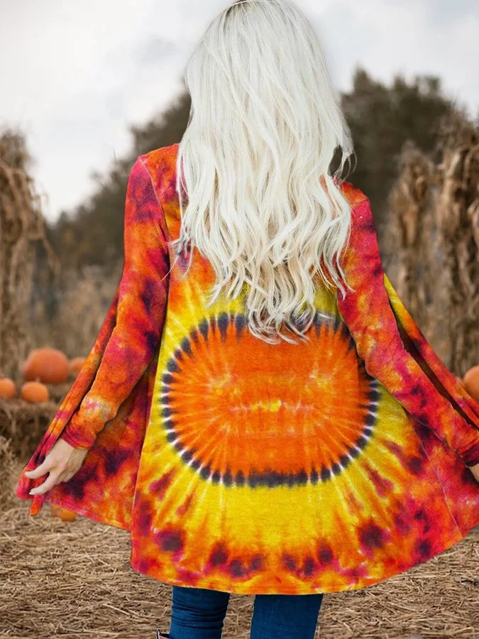 Women's Halloween Pumpkin Tie Dye Print Cardigan