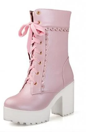 Winter Women shoes pink flower slide chunky knight boots thick bottom lace-up ankle botas platform high heel chelsea boots mujer