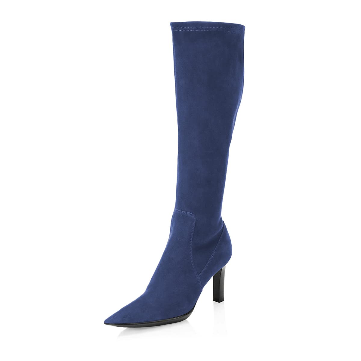 Blue Faux Suede Pointed Toe Stretch Chunky Heel Knee High Boots Nicepairs