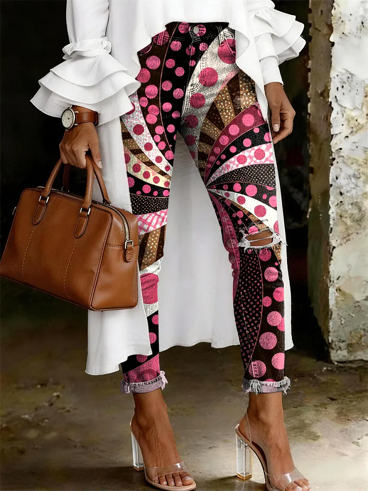 Women's Fashion Casual Multicolor Flowers Art Print Ripped Skinny Jeans