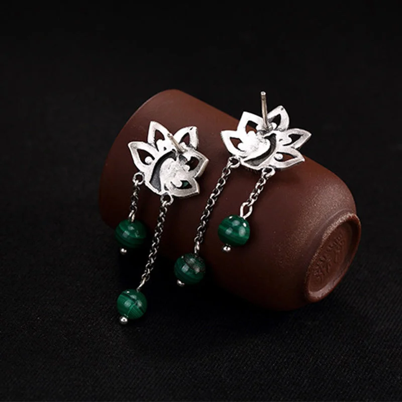 990 Sterling Silver Malachite Phoenix Peony Flower Bead Protection Drop Earrings