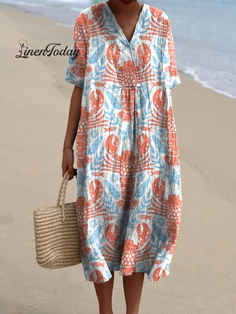 Lobster And Sea Shell Seamless Pattern Printed Women's Flowy Dress