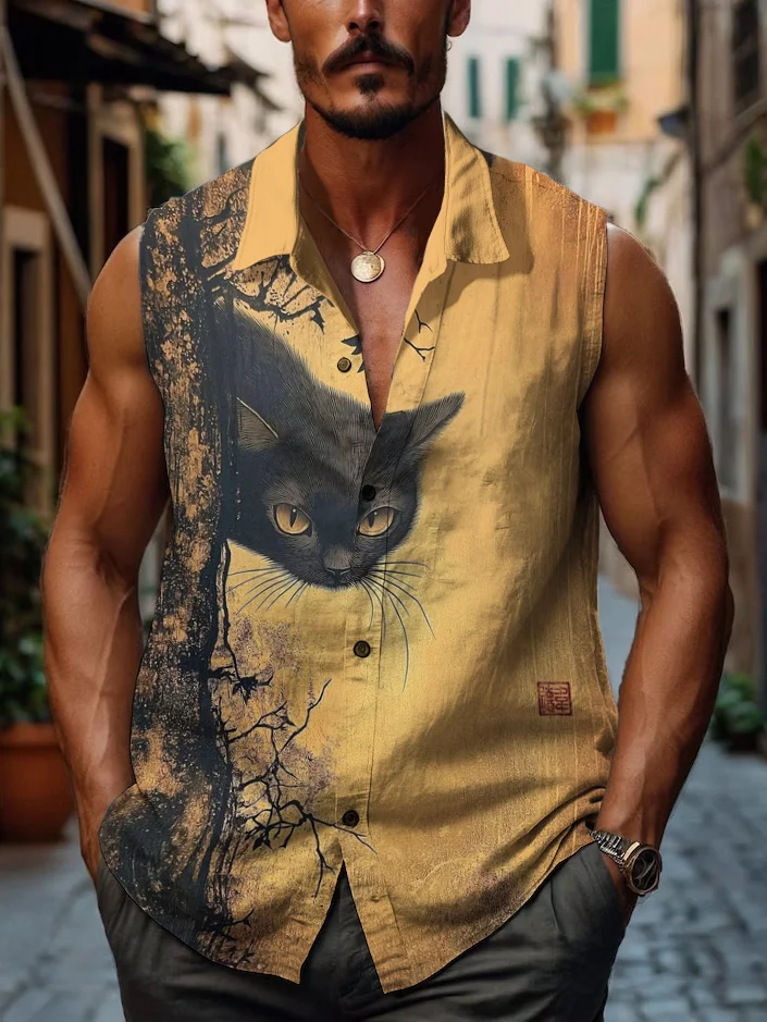 Men's Japanese Black Cat Vintage Art Print Sleeveless Shirt