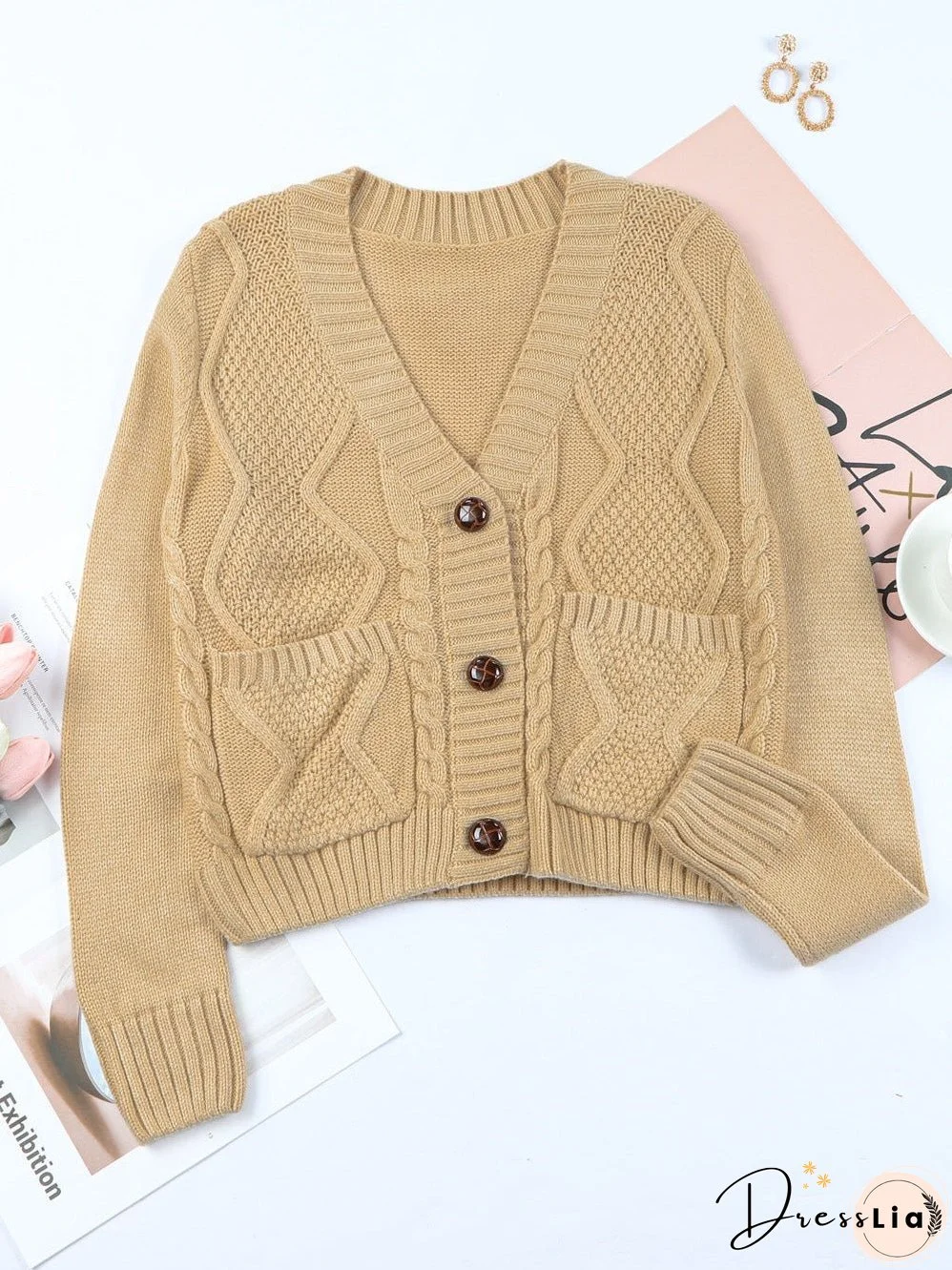 Cozy Beige V-Neck Knit Cardigan with Front Buttons