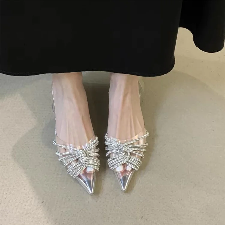 Wongn Wongn Summer New Korean Version Of Rhinestone Fine Belt Cross Crystal Shoes Pointed High Heel Sandals Fine Heel Women's Shoes Hot Style