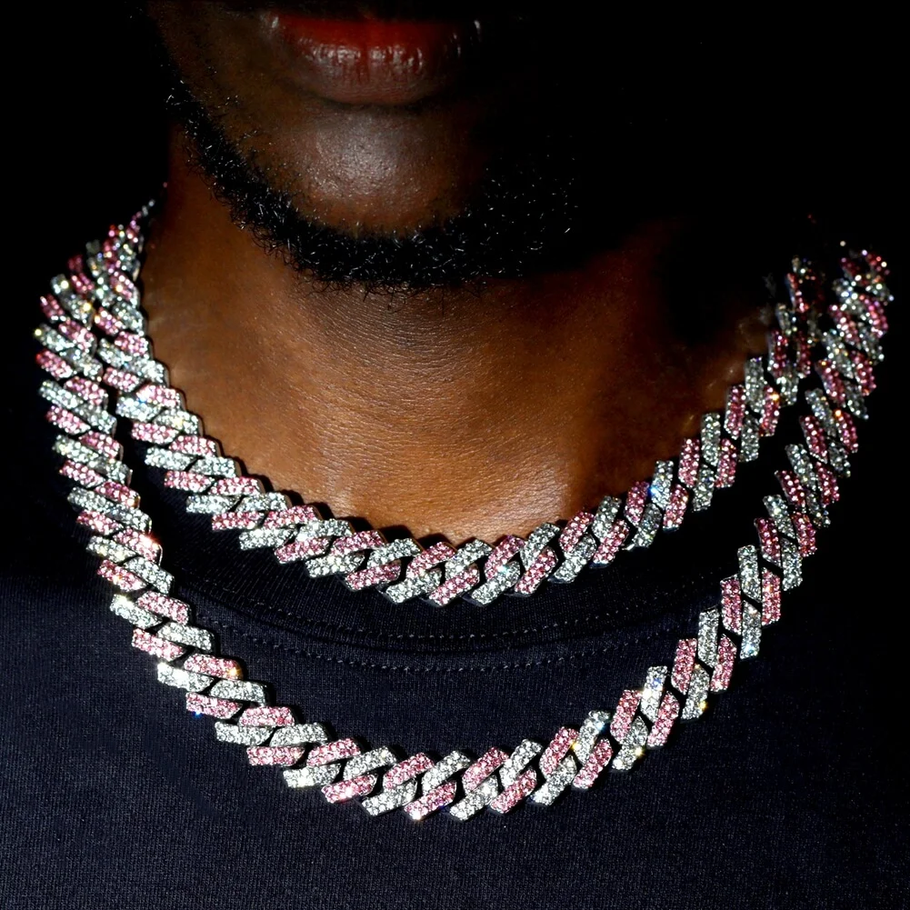 15MM Iced Out Silver Pink Rhinestone Cuban Chain Men Hip Hop Necklace Jewelry-VESSFUL
