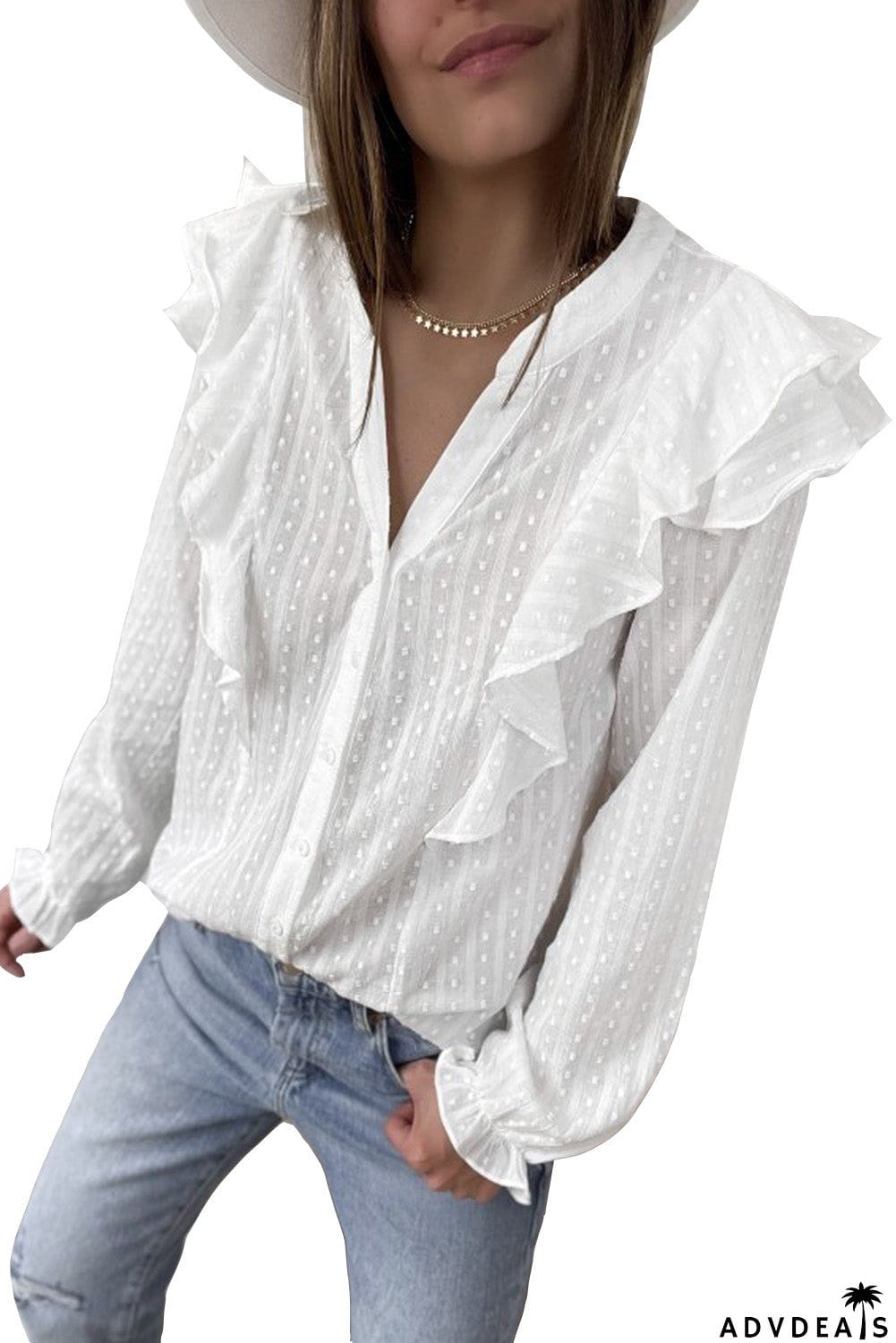 Dotted Texture Sheer Ruffles Bubble Sleeves Shirt