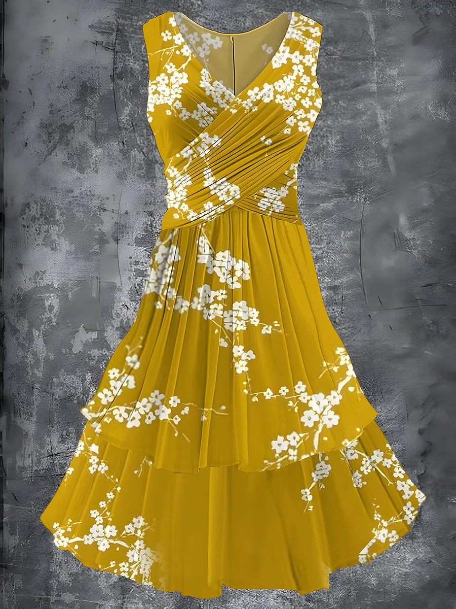 Vintage Floral Print 50s Elegant Chic Sleeveless Midi Dress