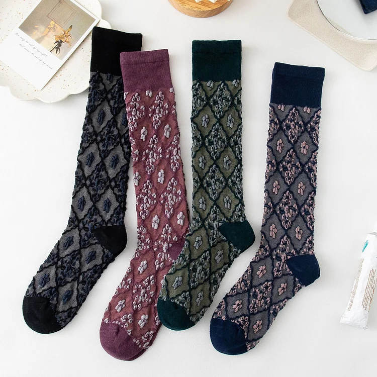 Black Friday Sale 50%OFF-4 Pairs Womens Floral Long Cotton Socks-mysite