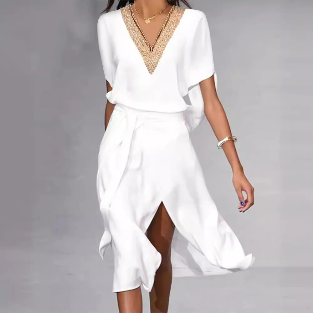 Wongn Wongn Summer Fashion Mature Women's Lace Lace V Collar Tie With Slit Casual Dress