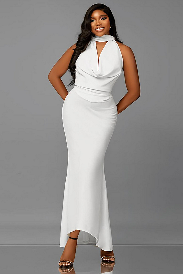 Halter Neck Draped Design Bodycon Solid Color Maxi Dresses-White