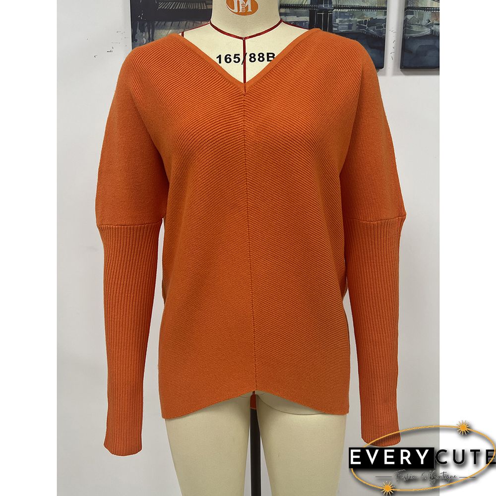 Orange V-neckline High Low Knit Sweater