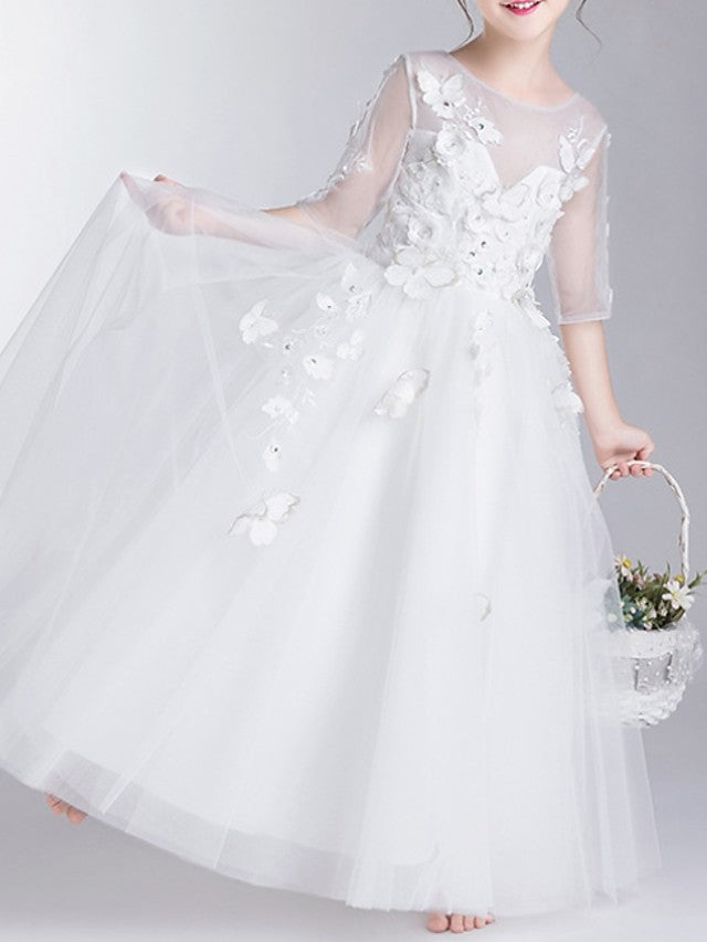 Oknass Half Sleeve Jewel Neck Ball Gown Floor Length Flower Girl Dress With Appliques