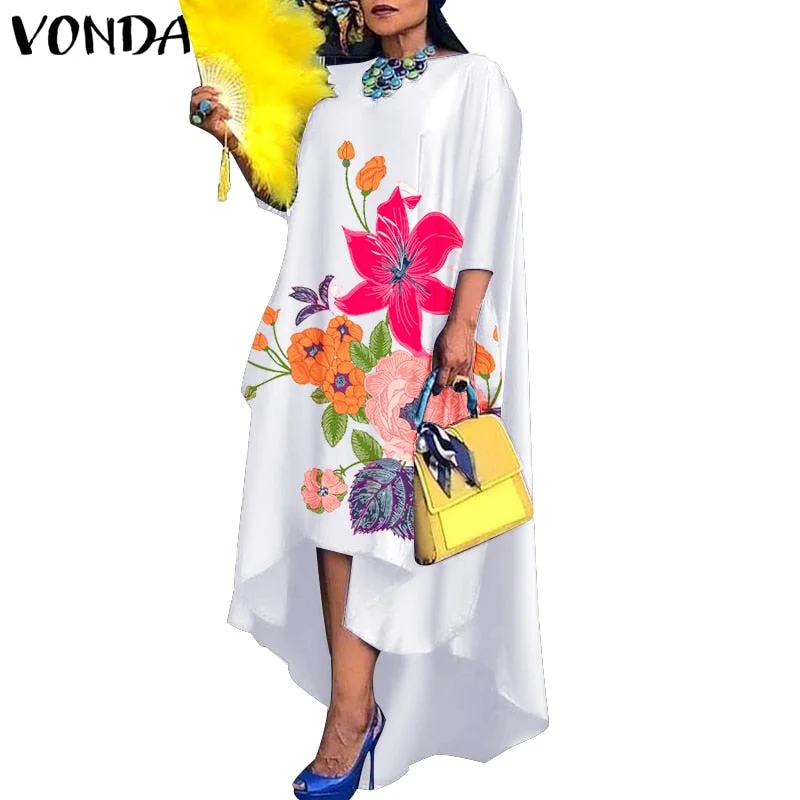 Women Casual 2/3 Sleeve Irregular Maxi Dress 2022 VONDA Robe Spring O Neck Asymmetrical Pleated Vestidos Elegant Long Sundress