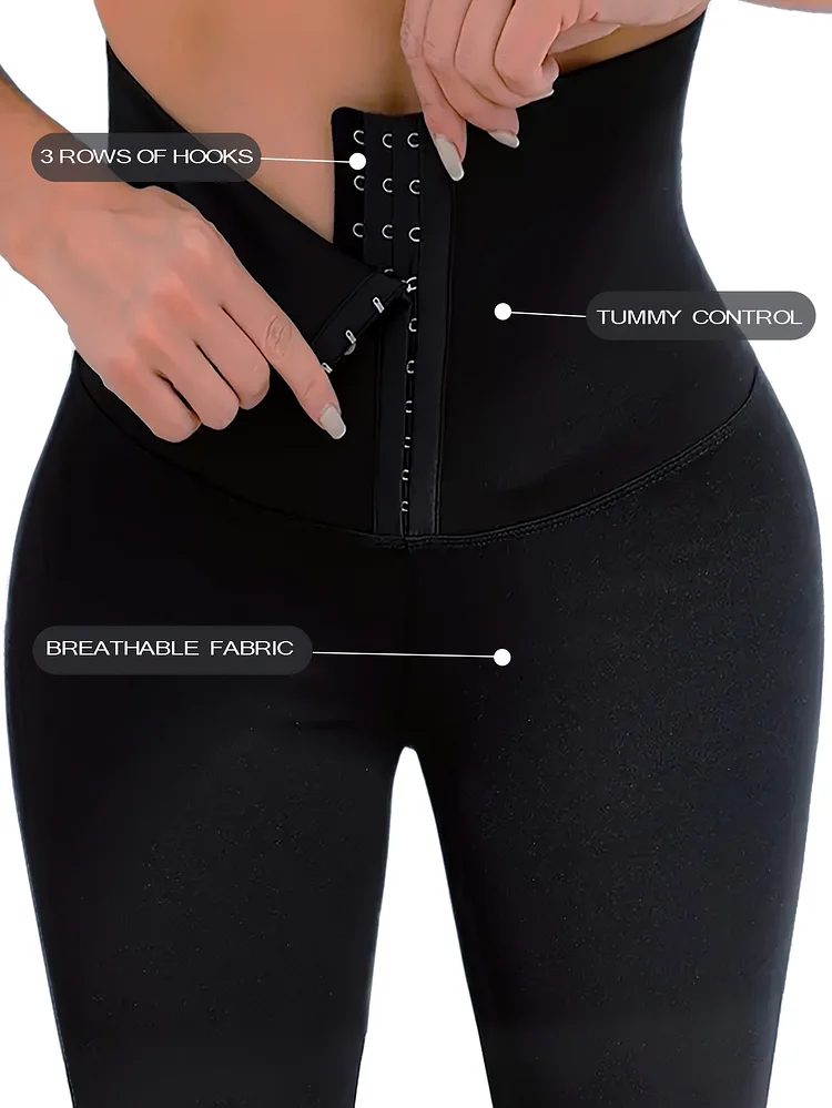 High-Waisted Tummy Control Leggings | 1 Pair, 7/8 Length, Non-See-Through, Stretchy, Front Button Closure, Elastic Waistband, Solid Black, Casual Wear, Spring/Summer, Sleek Fit, Supportive Fit, Compression Wear